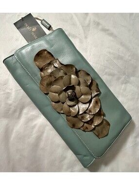 Paolo Masi Italian Leather Floral Clutch Aqua Blue w/Metallic Leather Flower NWT